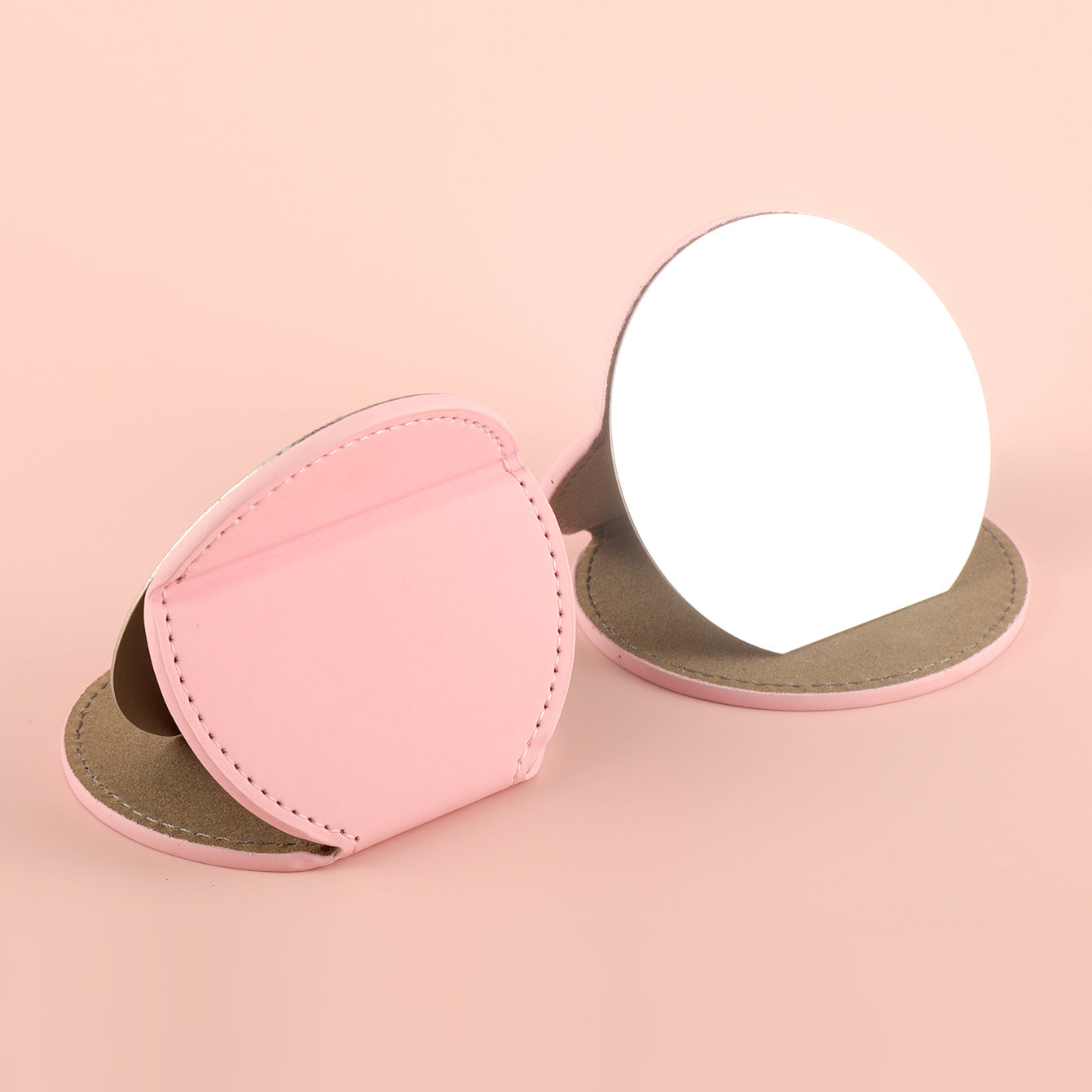 Little Bee Style PU Eco-Friendly Leather Cosmetic Mirror, Pink Color, Stainless Steel Glass Design, a Perfect Gift for Friends