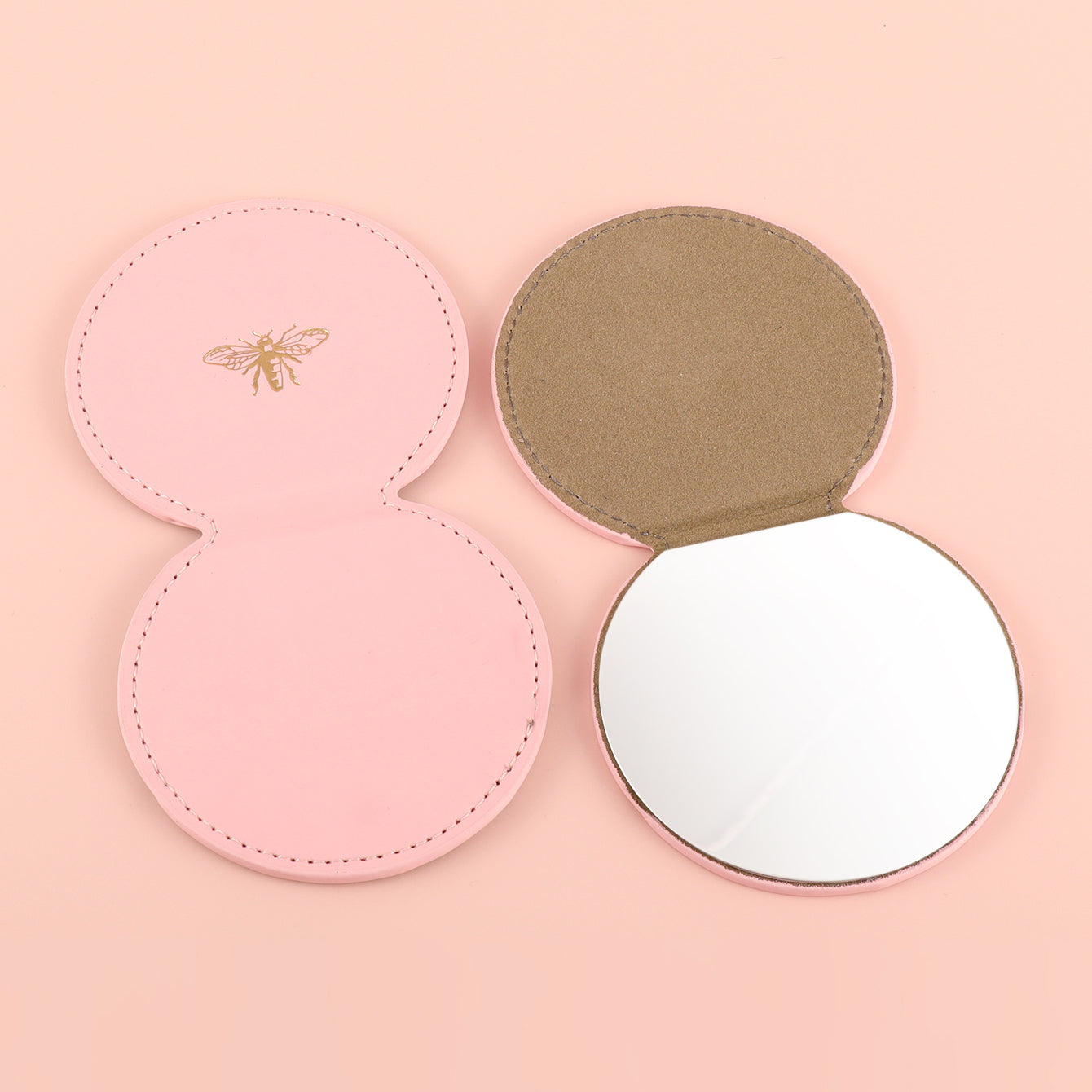 Little Bee Style PU Eco-Friendly Leather Cosmetic Mirror, Pink Color, Stainless Steel Glass Design, a Perfect Gift for Friends