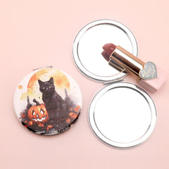 Fresh And Fashionable PU Eco-Friendly Leather, Cute Kitten And Mushroom Patterns, Electroplated Silver Frame, With HD Glass, 70*70mm Round Cosmetic Mirror, Perfect Gift Choice