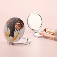 Fresh And Fashionable PU Eco-Friendly Leather, Cute Kitten And Mushroom Patterns, Electroplated Silver Frame, With HD Glass, 70*70mm Round Cosmetic Mirror, Perfect Gift Choice