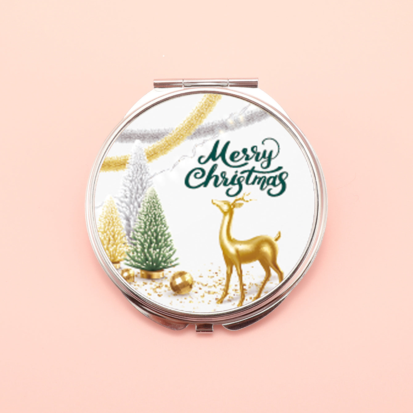 PU Eco-Friendly Leather Cosmetic Mirror, Printed With Various Patterns, Plating Silver Metal Frame, HD Glass, Round 70*70mm, Various Styles To Choose From, Perfect For Christmas Gifts.