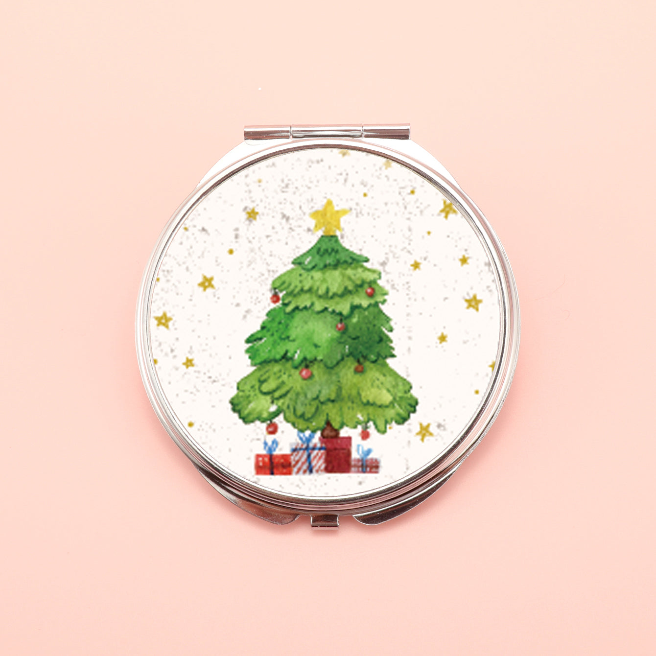 PU Eco-Friendly Leather Cosmetic Mirror, Printed With Various Patterns, Plating Silver Metal Frame, HD Glass, Round 70*70mm, Various Styles To Choose From, Perfect For Christmas Gifts.