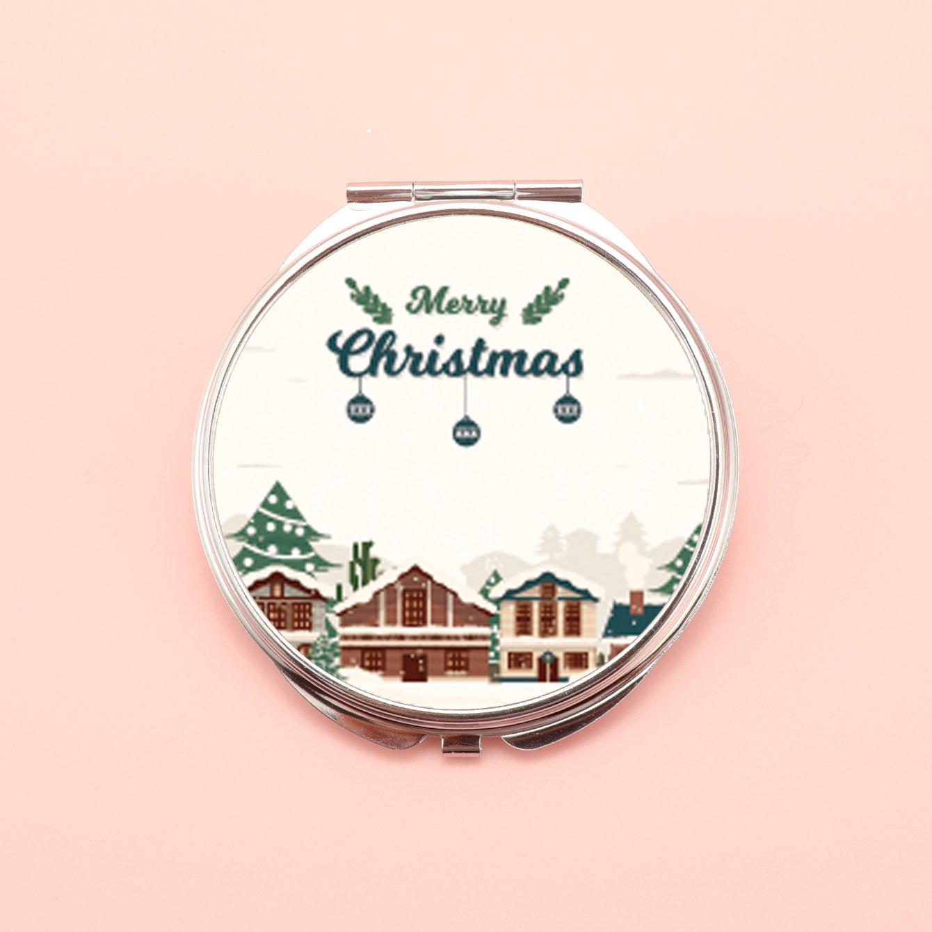 PU Eco-Friendly Leather Cosmetic Mirror, Printed With Various Patterns, Plating Silver Metal Frame, HD Glass, Round 70*70mm, Various Styles To Choose From, Perfect For Christmas Gifts.