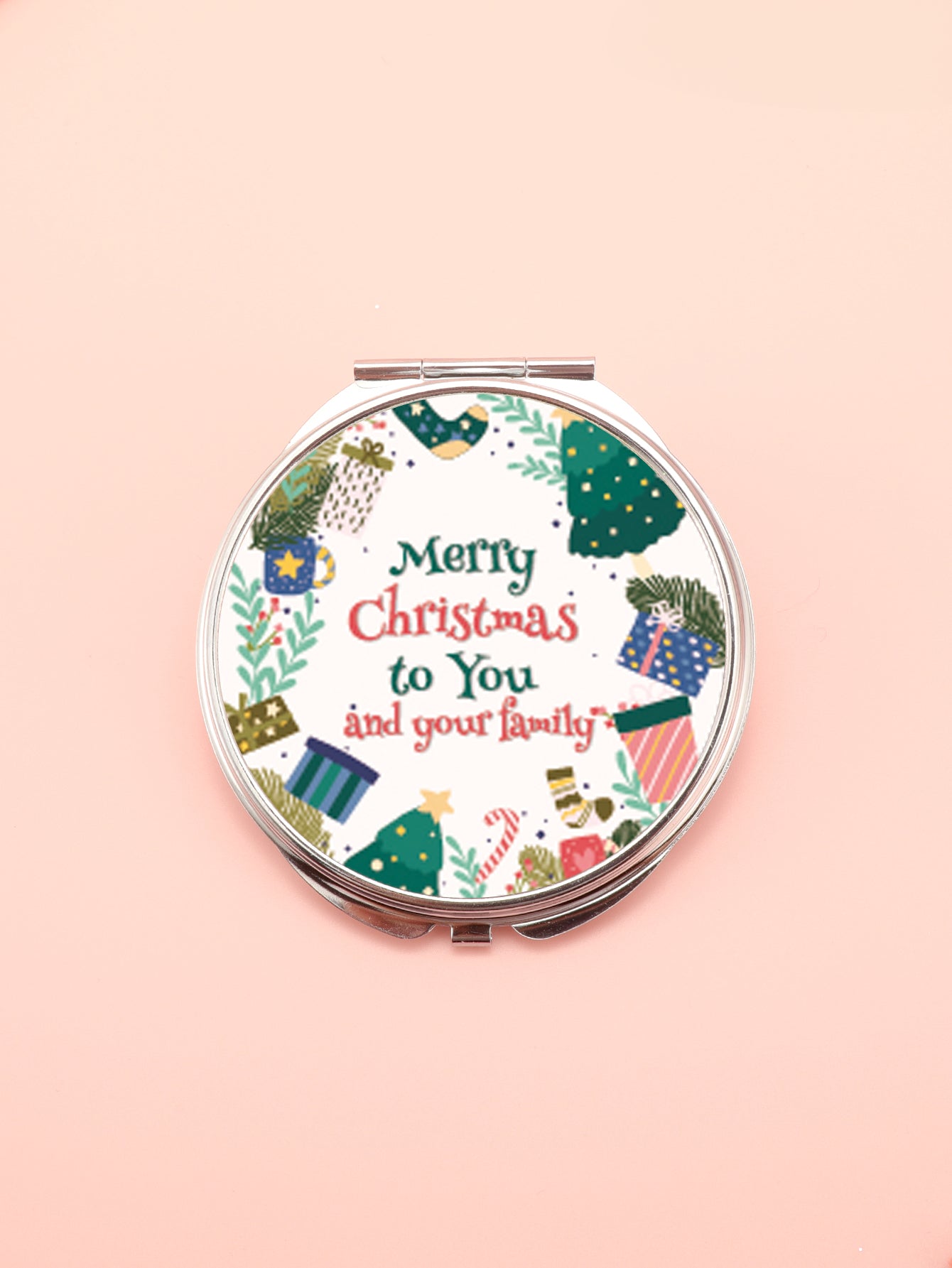 PU Eco-Friendly Leather Cosmetic Mirror, Printed With Various Patterns, Plating Silver Metal Frame, HD Glass, Round 70*70mm, Various Styles To Choose From, Perfect For Christmas Gifts.