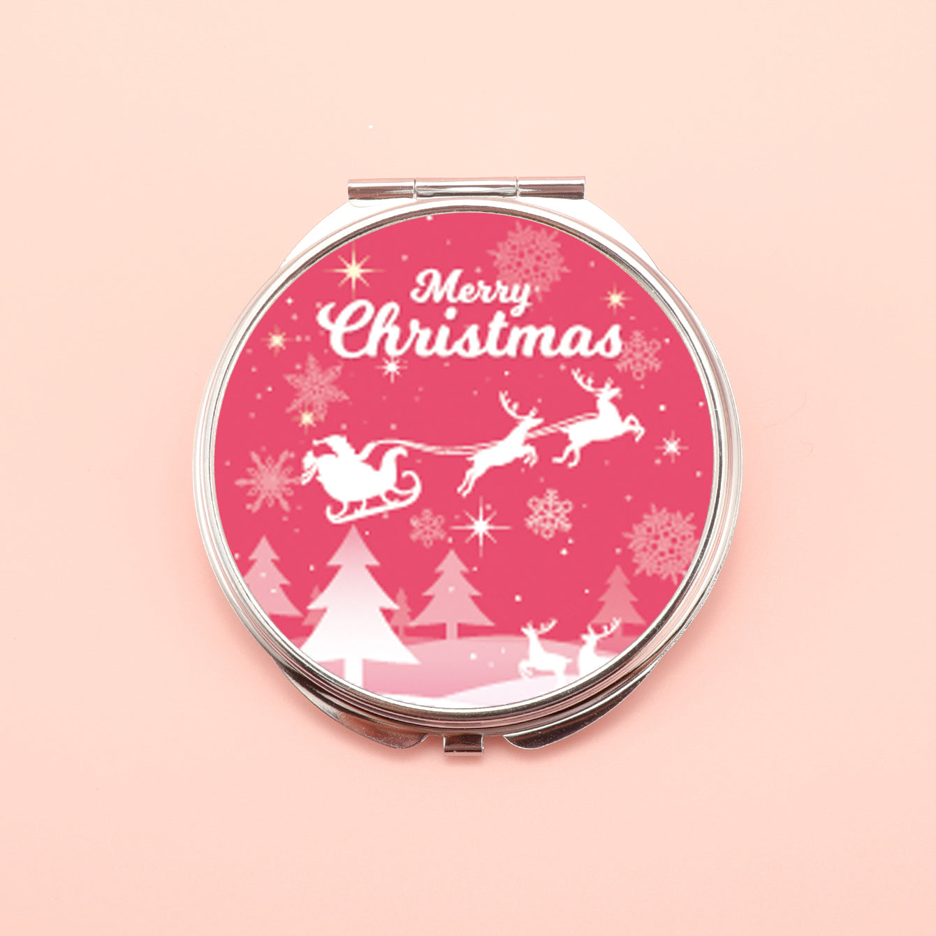 PU Eco-Friendly Leather Cosmetic Mirror, Printed With Various Patterns, Plating Silver Metal Frame, HD Glass, Round 70*70mm, Various Styles To Choose From, Perfect For Christmas Gifts.