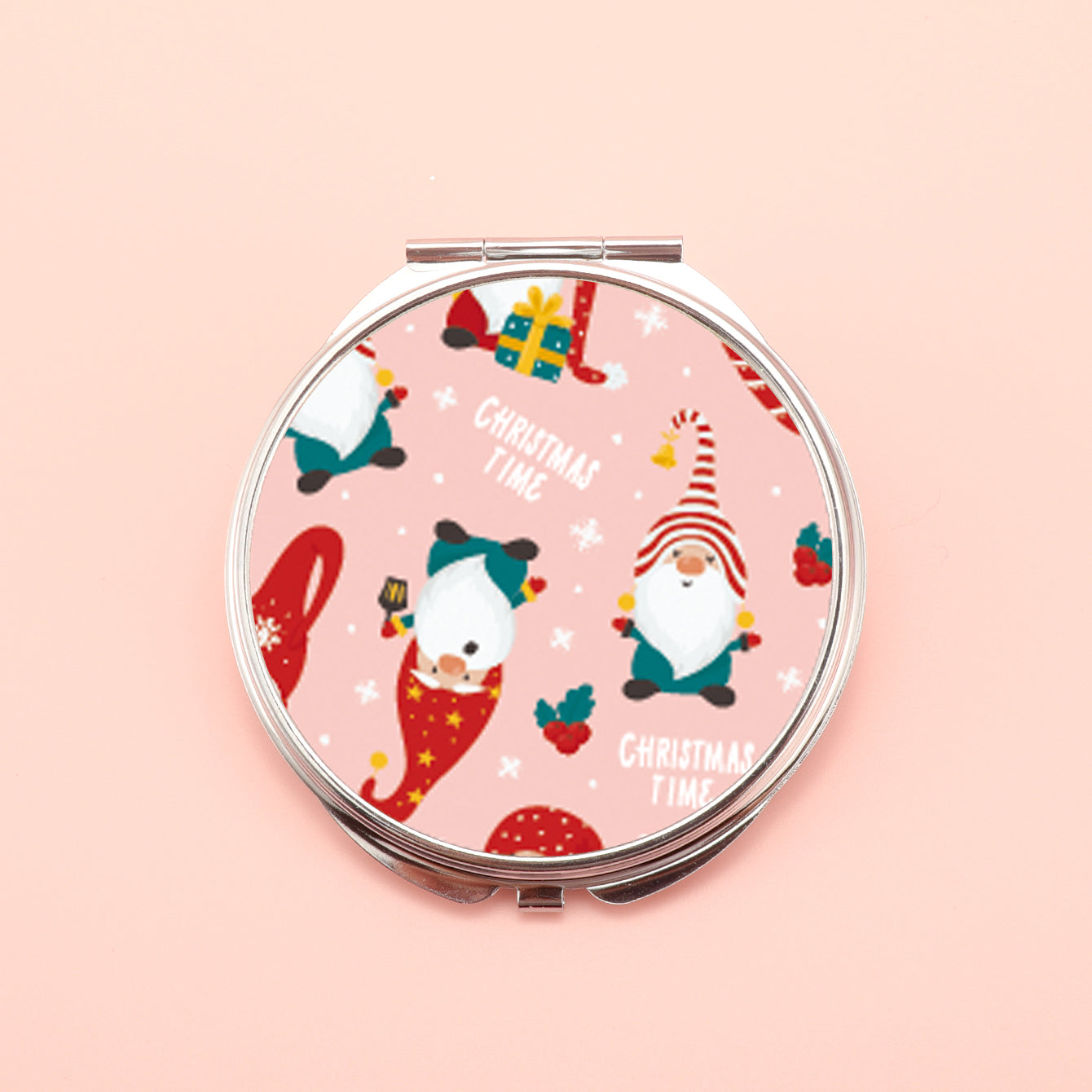 PU Eco-Friendly Leather Cosmetic Mirror, Printed With Various Patterns, Plating Silver Metal Frame, HD Glass, Round 70*70mm, Various Styles To Choose From, Perfect For Christmas Gifts.