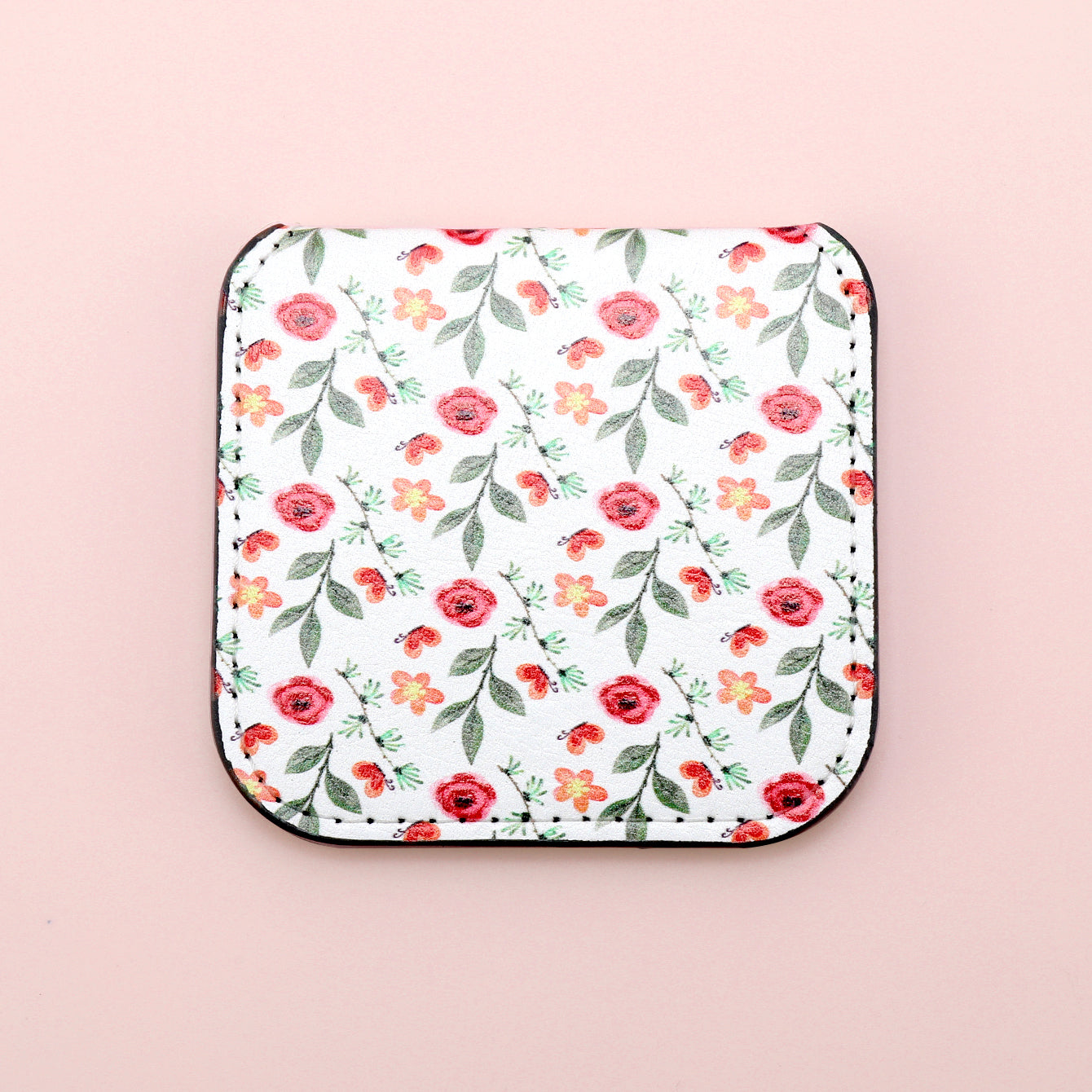 Customized Colorful Pattern, Made Of Eco-Friendly PU Leather, 75*80mm Square Stainless Steel Cosmetic Mirror, Perfect As A Gift, Warmly Share With Friends