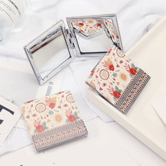 ✨ Made Of Eco-Friendly PU Leather, You Can Play With Various Prints! Plating Silver Metal Edge, HD Glass Mirror, 70*70mm Square Cosmetic Mirror, Colorful And Diverse, Unlimited Imagination! ✨